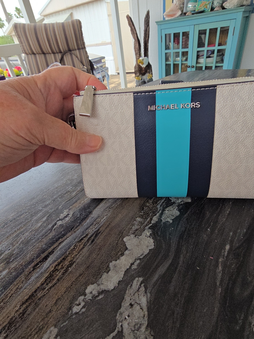 MICHAEL KORS EUCJet Set Signature Double Wallet/Wristlet Navy & Turquoise Stripe - Picture 3 of 9